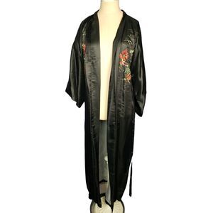 Japanese Embroidered Black Belted Long Robe One Size